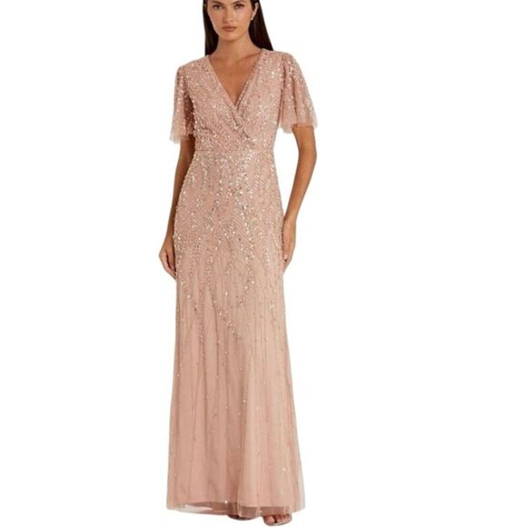 Mac Duggal 35109 Beaded Flutter Sleeve Gown in Nude Size 16 New w/ Tag MSRP $698 - Picture 3 of 15